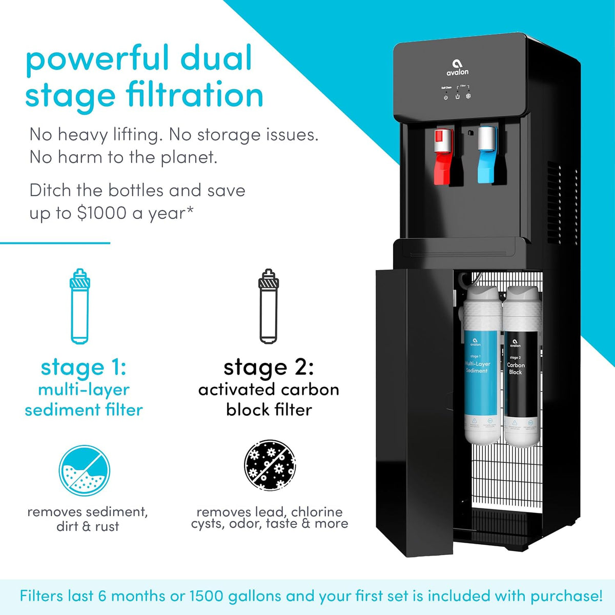 Avalon Self Cleaning Bottleless Water Cooler Dispenser Black A7BOTTLELESSBLK