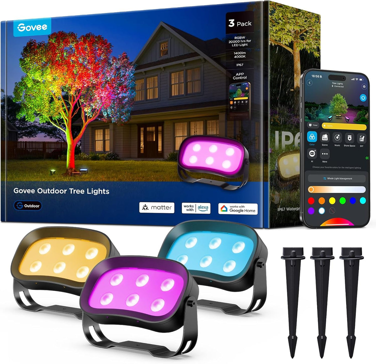 Govee Outdoor Tree Lights 3-Pack RGBWIC Landscape Lighting H7087