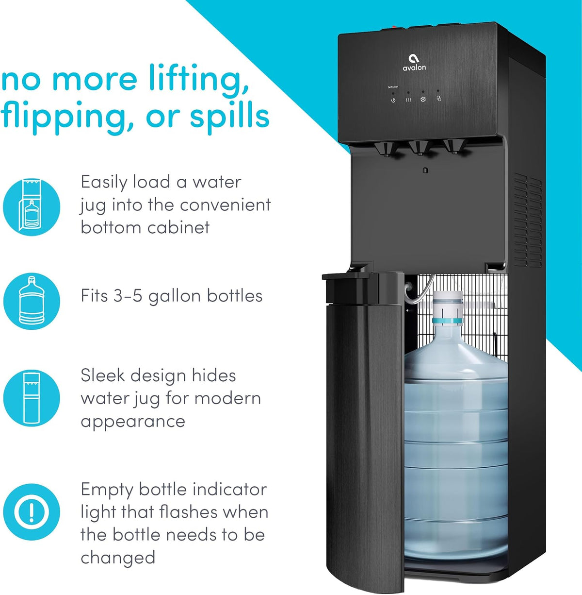 Avalon Self Cleaning Bottom Loading Water Cooler Dispenser Black Stainless Steel
